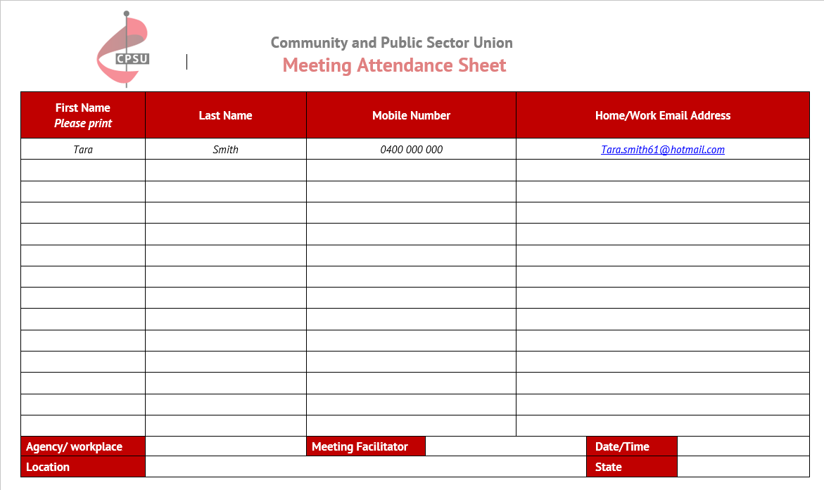 Attendance sheet